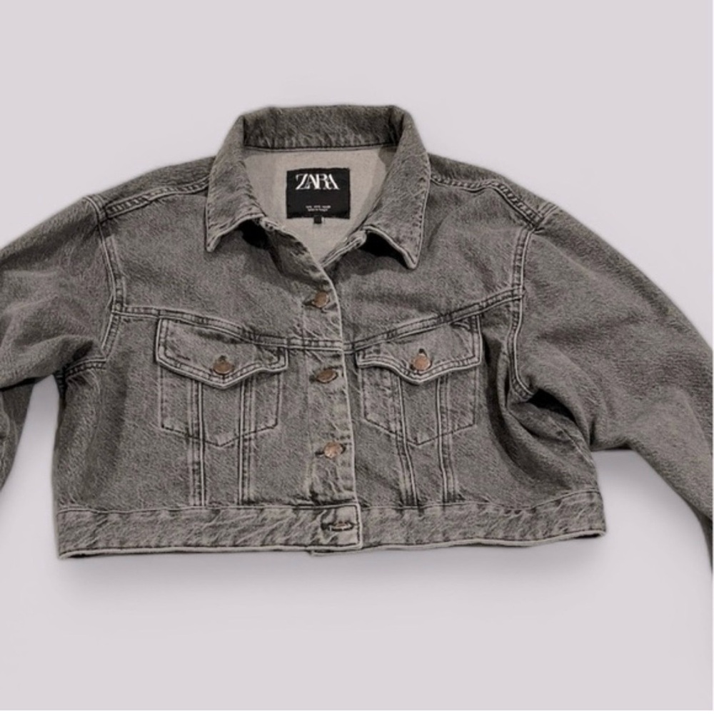 Zara Women's Charcoal Cropped Denim Jacket like New